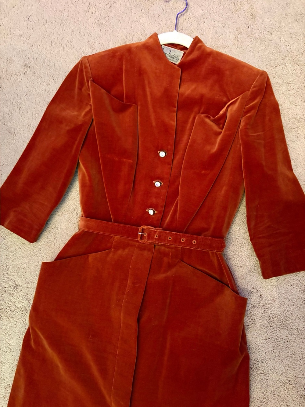 Vintage 1940s Rust Orange Velvet Dress Rhinestone Button Up XS 25” Waist - Picture 2 of 3